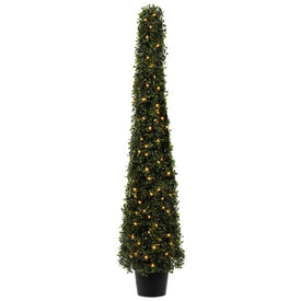 4' Potted Artificial Boxwood Cone with LED Lights