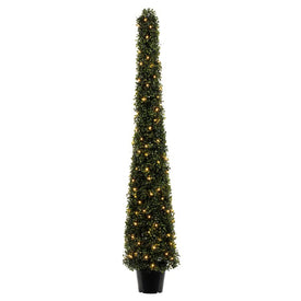 5' Potted Artificial Boxwood Cone with LED Lights