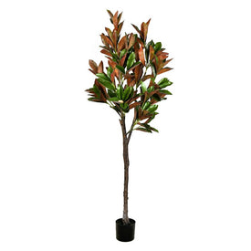 7' Artificial Green Magnolia Tree in Black Planter's Pot
