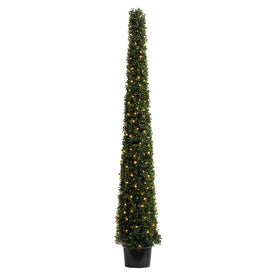 6' Potted Artificial Boxwood Cone with LED Lights
