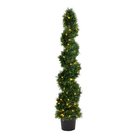 5' Artificial Potted Green Cedar Spiral Tree with LED Lights