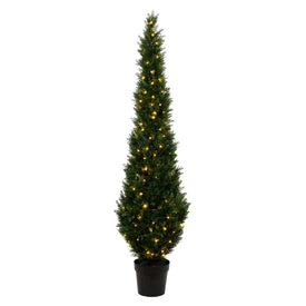 7' Artificial Potted Green Cedar Tree with LED Lights