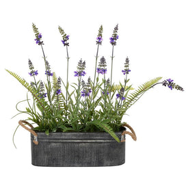 16" Artificial Lavender Flower Fern in Iron Pot