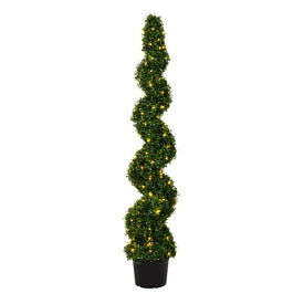 5' Artificial Potted Green Boxwood Spiral Tree with LED Lights