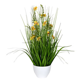 22.5" Artificial Potted Yellow Cosmos and Green Grass