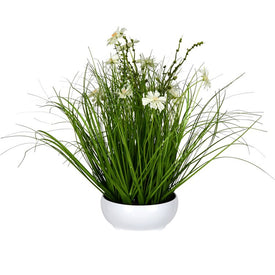 16.5" Artificial Potted Cream Cosmos and Green Grass