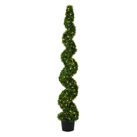 6' Artificial Potted Green Boxwood Spiral Tree with LED Lights