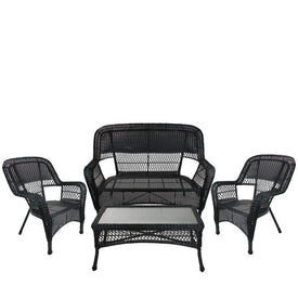 Four-Piece Black Steel/Resin Outdoor Patio Furniture Set with Tempered Glasstop Table