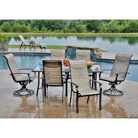 Peninsula Cast Seven-Piece Ivory Aluminum Outdoor Patio Sling Chair and Dining Table Furniture Set