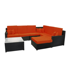 Eight-Piece Black Resin Wicker Outdoor Sectional Sofa and Ottoman Set with Orange Cushions