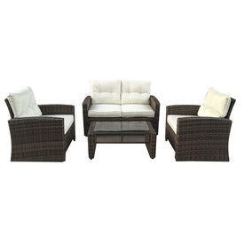 Four-Piece Brown and Beige Two-Tone Rattan Outdoor Patio Furniture Set with Cushions