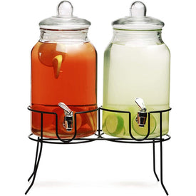 Rustic Home 1 Gallon Beverage Dispensers with Black Metal Stand and Plastic Chrome-Color Spigots Set of 2