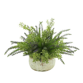 17" Artificial Variegated Tea Leaves and Lavender Cedar Bush in Ceramic Pot