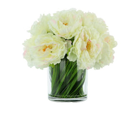 14" Artificial Cream Peony Bouquet in Glass Vase with Grass