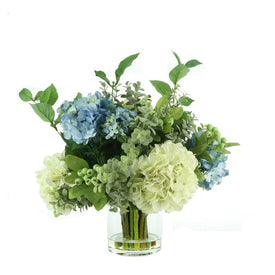 22" Artificial Mixed Floral Arrangement with Eucalyptus, Hydrangea, and Green Berries in Glass Vase