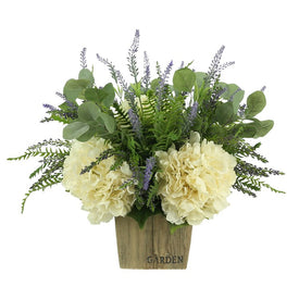 22" Artificial Cream Hydrangea with Lavender/Eucalyptus Mix with Cedar and Fern in Garden Pot