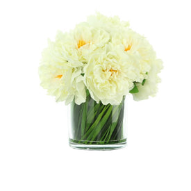13" Artificial Lush Cream Peony Bouquet in Glass Vase