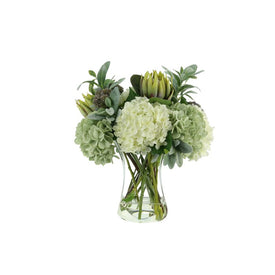 21" Artificial Mixed Floral Arrangement with King Protea, Hydrangeas, and Heather in Glass Vase
