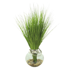 30" Artificial Green Grass in Round Glass Vase with Rocks and Acrylic Water