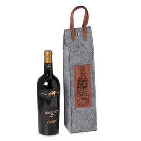 Wines of The World Felt Wine Tote with Brown Leather Accents - Gray