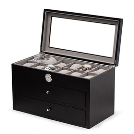 All In Time Wood Thirty-Six Watch Box with Quartz Movement Clock - Black