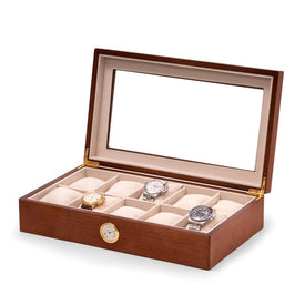 All In Time Wood Ten-Watch Box with Quartz Movement Clock - Cherry - OPEN BOX