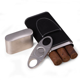 Harrison Leather Three-Cigar Case with Cigar Cutter - Black
