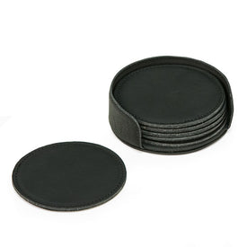 Leatherette Coasters with Holder Set of 6 - Black