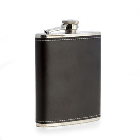 6 Oz Stainless Steel and Black Leather Flask with Contrast Stitching