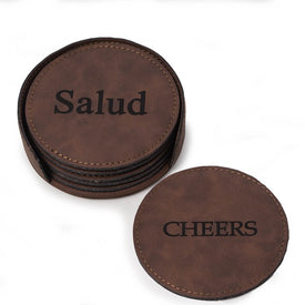Cheers Leatherette Coasters with Holder Set of 6 - Vintage Rustic Brown