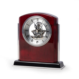 Chelsea Lacquered Mahogany Wood Skeleton Movement Mantel Clock with Stainless Steel Accents