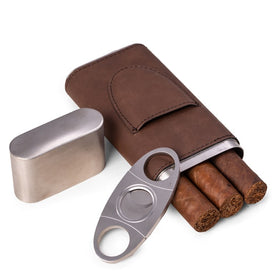 Harrison Leather Three-Cigar Case with Cigar Cutter - Brown