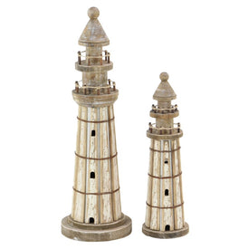White Wood Coastal Light House Sculptures Set of 2