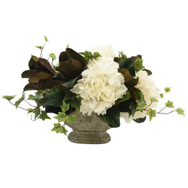 14" Artificial Hydrangea and Magnolia Leaves Floral Arrangement in Gray Vase