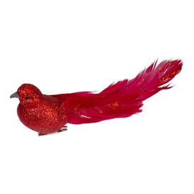 7" Red Glittered Bird With Feathers Christmas Clip On Ornament - OPEN BOX