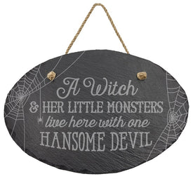 Witch Lives Here Oval Slate Decor with Hanger Rope