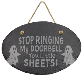Stop Ringing My Doorbell Oval Slate Decor with Hanger Rope