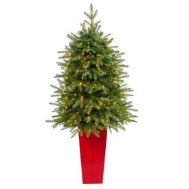 57" Pre-Lit Artificial Vancouver Fir Natural Look Christmas Tree with 250 Clear LED Lights in Red Tower Planter