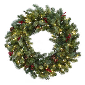 30" Lighted Pine Wreath with Berries and Pine Cones
