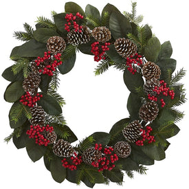 30" Artificial Magnolia Leaf, Berry, Pine and Pine Cone Wreath