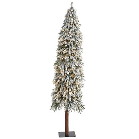 7' Pre-Lit Artificial Flocked Grand Alpine Christmas Tree on Natural Trunk with 400 Clear Lights