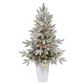 3.5' Pre-Lit Artificial Flocked Manchester Spruce Christmas Tree with 50 Lights in Metal Planter