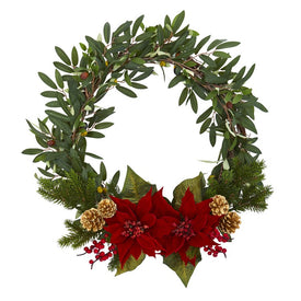 21" Artificial Olive with Poinsettia, Berry, and Pine Wreath