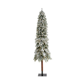 8' Pre-Lit Artificial Flocked Grand Alpine Christmas Tree on Natural Trunk with 500 Clear Lights