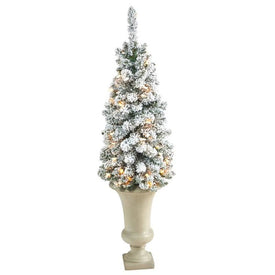 3.5' Pre-Lit Artificial Flocked Pencil Christmas Tree with 50 Clear Lights in Sand-Colored Urn