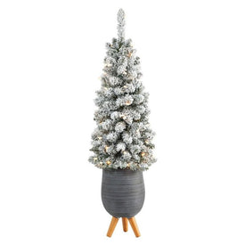 3.5' Pre-Lit Artificial Flocked Pencil Christmas Tree with 50 Clear Lights in Gray Planter with Stand