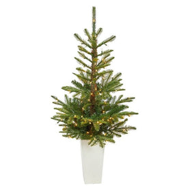 4.5' Pre-Lit Artificial Layered Washington Spruce Christmas Tree with 100 Clear LED Lights in White Planter