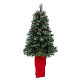55" Unlit Artificial Snowed French Alps Mountain Pine Christmas Tree with Pine Cones in Red Tower Planter