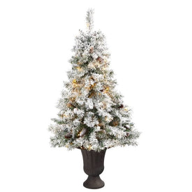 4.5' Pre-Lit Artificial Flocked White River Mountain Pine Christmas Tree with Pine Cones and 100 Clear LED Lights in Charcoal Urn