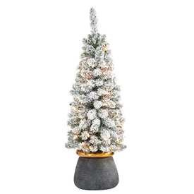 40" Pre-Lit Artificial Flocked Pencil Christmas Tree with 50 Clear Lights in Planter with Brass Trimming